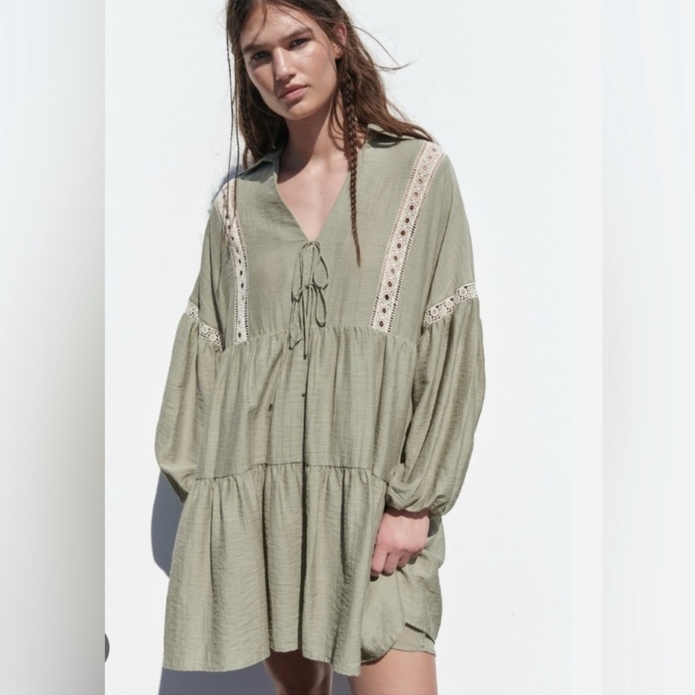 Zara oversized TIERED DRESS with LACE INSERTS size XS